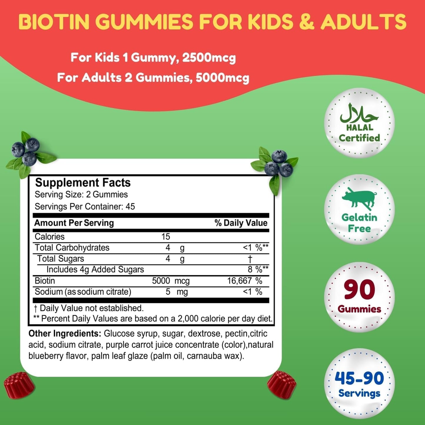SHIFAA NUTRITION Vegan Biotin Gummies - 5000 mcg, 90 Gummies - Hair, Skin and Nails Support - görsel 3