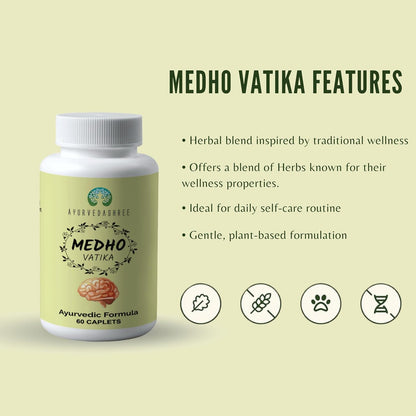 AYURVEDASHREE Medho Vatika 60 Caplets – Herbal Cognitive Support with 8 Ayurvedic Herbs