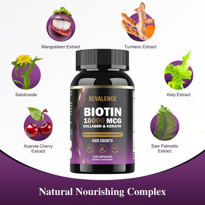Bevalence Biotin 10,000mcg for Hair, Skin and Nails – with Collagen and Keratin (120 Capsules)
