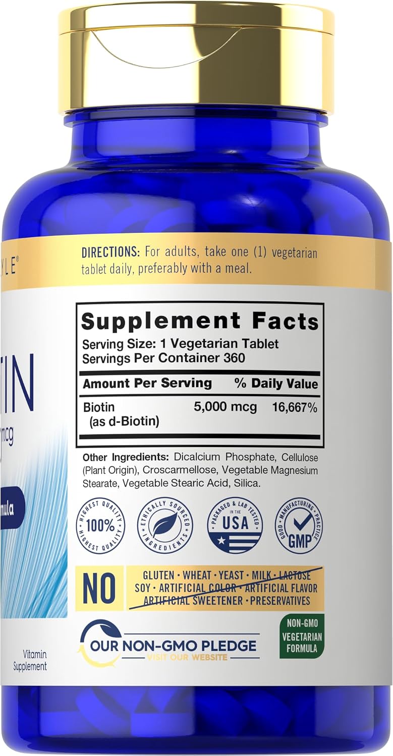 Carlyle Biotin 5000mcg - 360 Vegetarian Tablets - Hair, Skin & Nails Formula - görsel 2