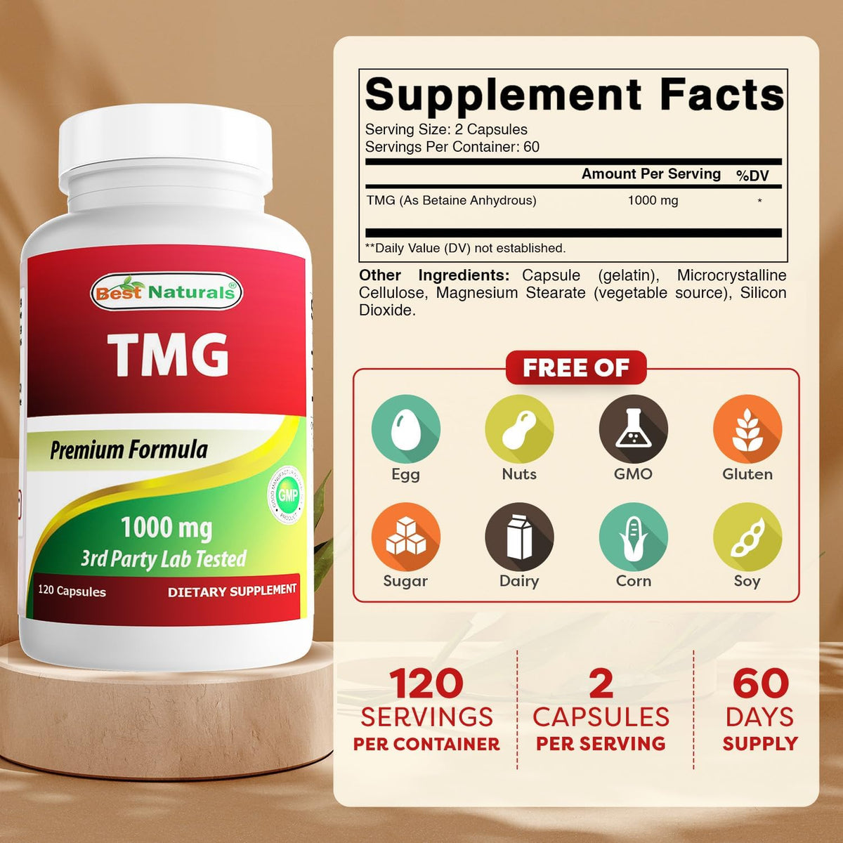 Best Naturals TMG (Trimethylglycine) Betaine Anhydrous 1000 mg, 120 Capsules (Pack of 3) - görsel 2