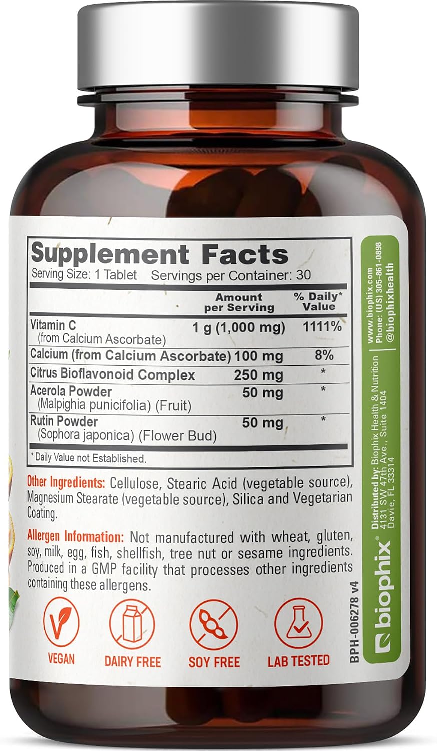 biophix Vitamin C-1000 mg Complex – 30 Tablets – Vegan with Calcium, Citrus Bioflavonoids, Acerola & Rutin – Supports Immune Health - görsel 8