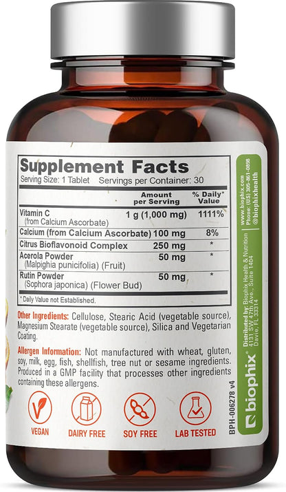 biophix Vitamin C-1000 mg Complex – 30 Tablets – Vegan with Calcium, Citrus Bioflavonoids, Acerola & Rutin – Supports Immune Health