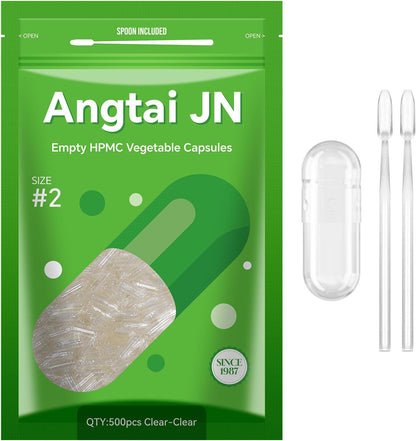 Angtai JN Empty Vegan Capsules Size 2 Plant Based Clear (500 Count) Gluten-Free, Non-GM, Halal Certified Capsule Filling Kit with 2 Spoons