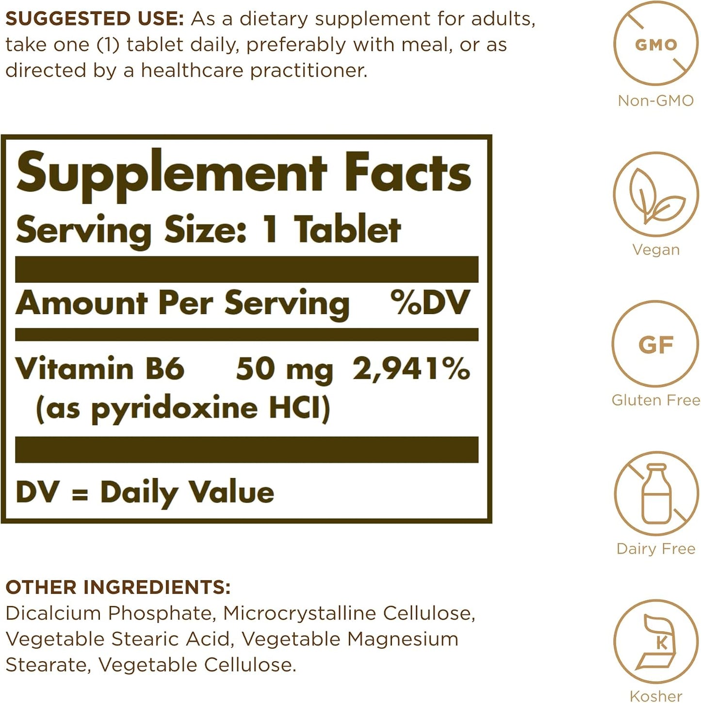 Solgar Vitamin B6 50 mg – 100 Tablets – Non-GMO, Vegan, Gluten Free, Dairy Free, Kosher, Halal - görsel 2