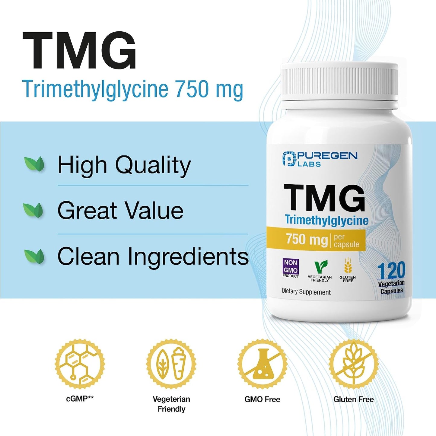 Puregen Labs TMG 750 mg – High Potency Trimethylglycine Supplement – Supports Normal Homocysteine Metabolism – Non-GMO, Gluten & Dairy-free – 60 Vegetarian Capsules - görsel 5