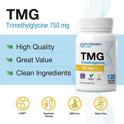Puregen Labs TMG 750 mg – High Strength Trimethylglycine Supplement – Non-GMO, Gluten-free, Dairy-Free – 2 Pack (240 Vegetarian Capsules)