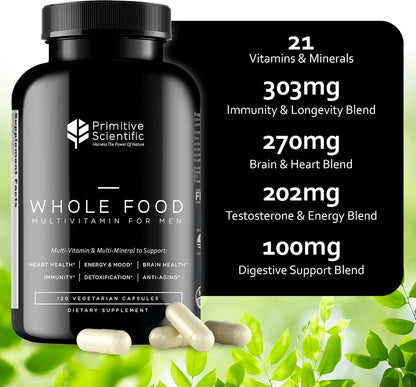 Primitive Scientific Whole Food Natural Multivitamin and Mineral Capsules for Men - All-Day Energy, Inner Zen, and a Stronger You (120 Capsules)