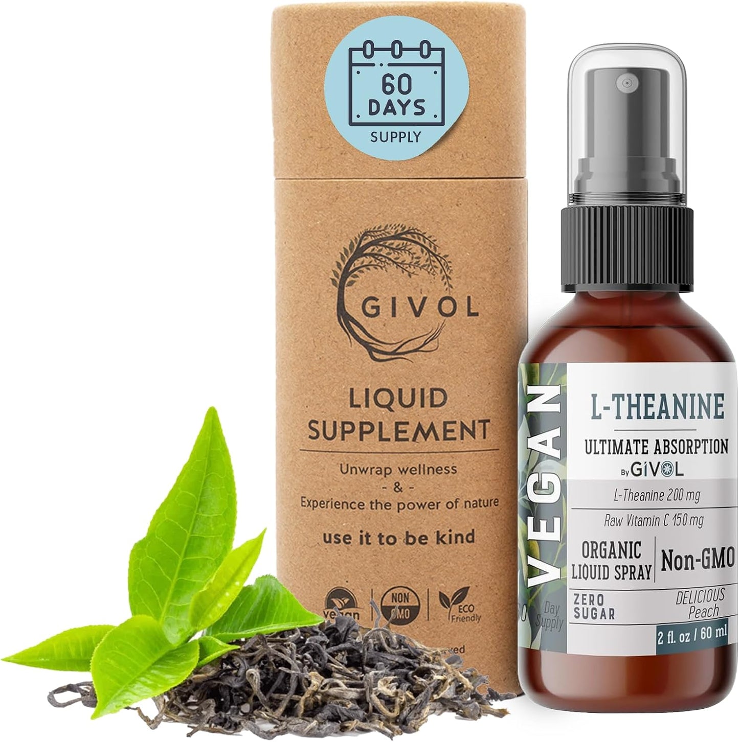 GIVOL L-Theanine & Vitamin C Liquid Spray, Peach Flavour, 60 ml (2 fl oz) - 60 Servings - görsel 1