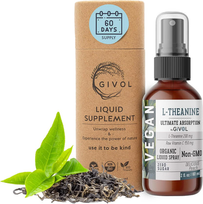 GIVOL L-Theanine & Vitamin C Liquid Spray, Peach Flavour, 60 ml (2 fl oz) - 60 Servings