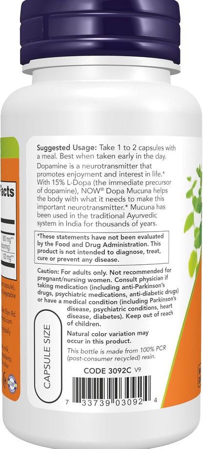 NOW Supplements, DOPA Mucuna, Standardised Mucuna Extract with Naturally Occurring 15% L-Dopa, 90 Veg Capsules