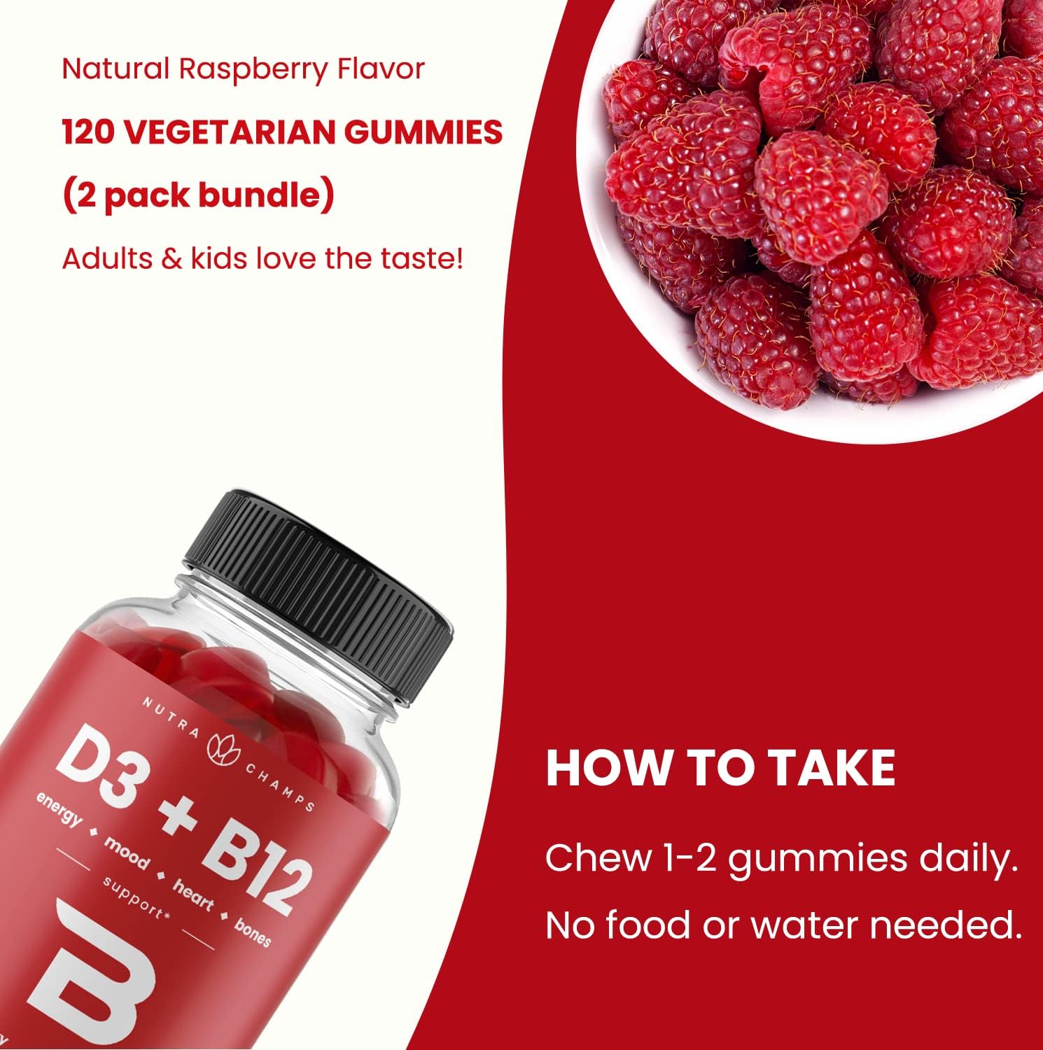 NutraChamps Vitamin D3 & B12 Gummies with Methyl B12 and Folate - Natural Raspberry Flavour, 120 Gummies (Pack of 2) - görsel 5