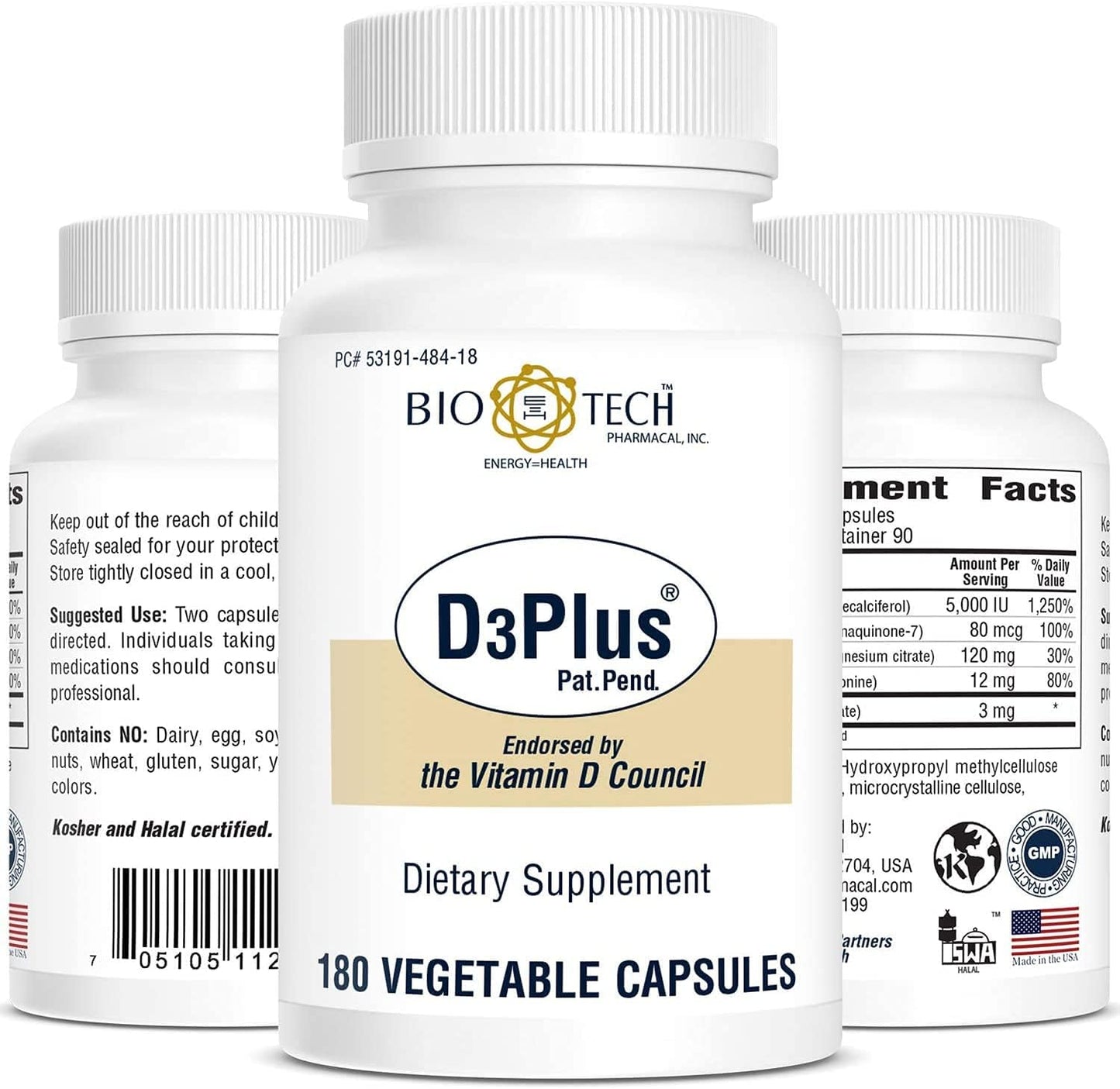 Bio-Tech Pharmacal D3Plus – Natural Vitamin D3 Supplement with K2, Magnesium, Zinc & Boron, 180 Vegetable Capsules - görsel 2