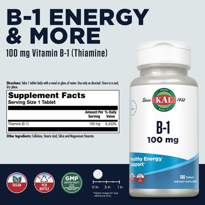KAL Vitamin B1 100 mg - Thiamine Supplement for Energy, Metabolism and Nervous System Health - 100 Tablets