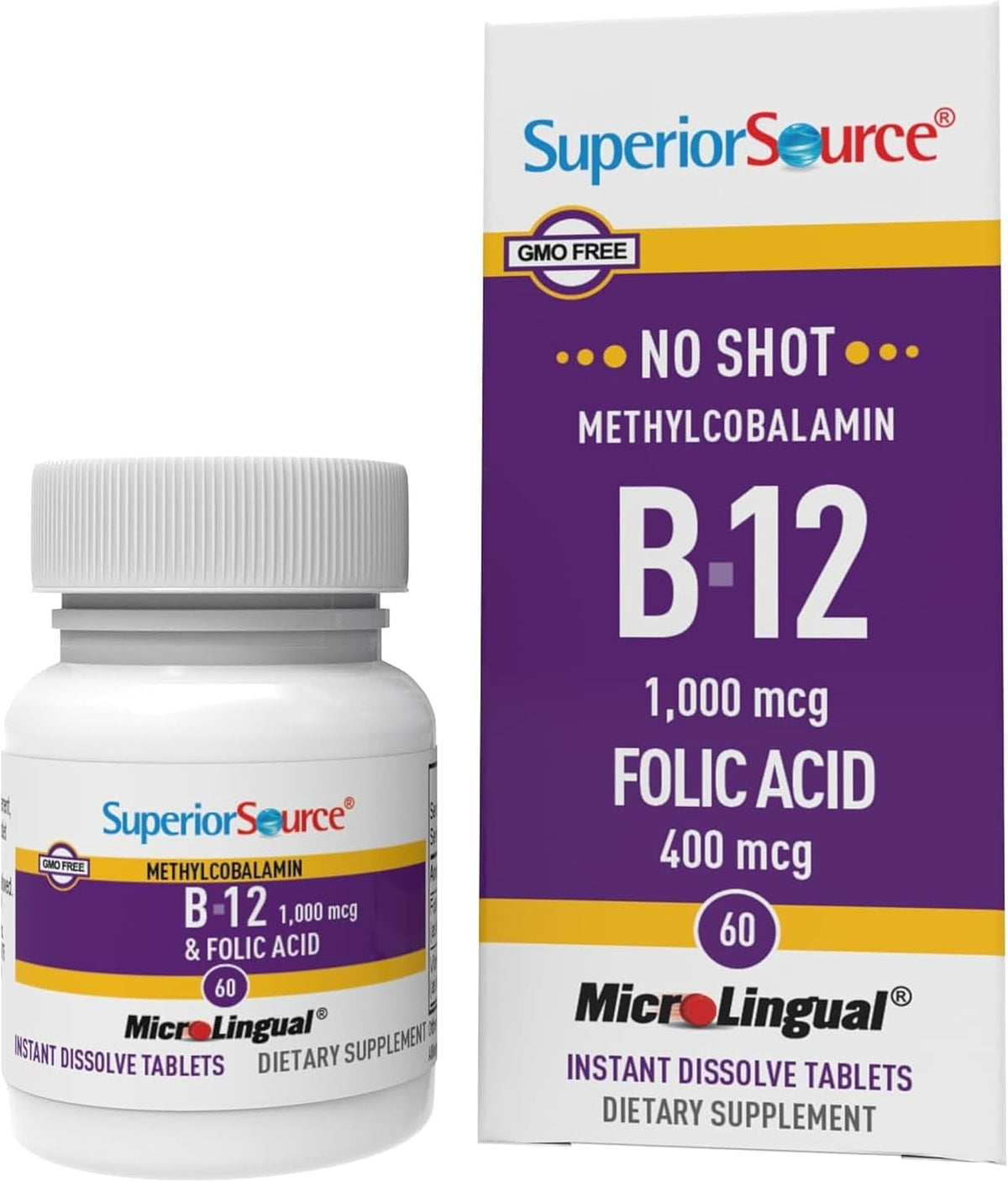Superior Source No Shot Methylcobalamin B12 with Folic Acid Multivitamin, 60 Sublingual Tablets - görsel 1