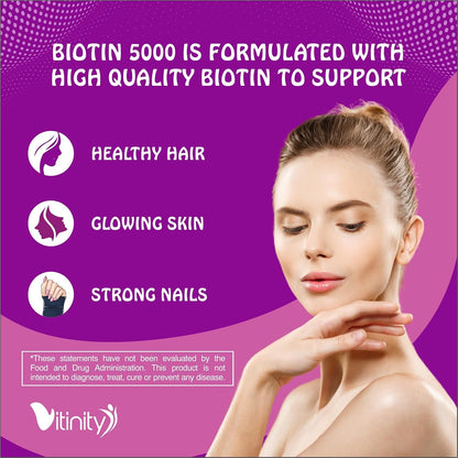 VITINITY Biotin 5000mcg Extra Strength Vegetarian Sugar-Free Supplement – Supports Healthier Hair & Skin – 60 Veggie Jelly Beans (30-Day Supply)