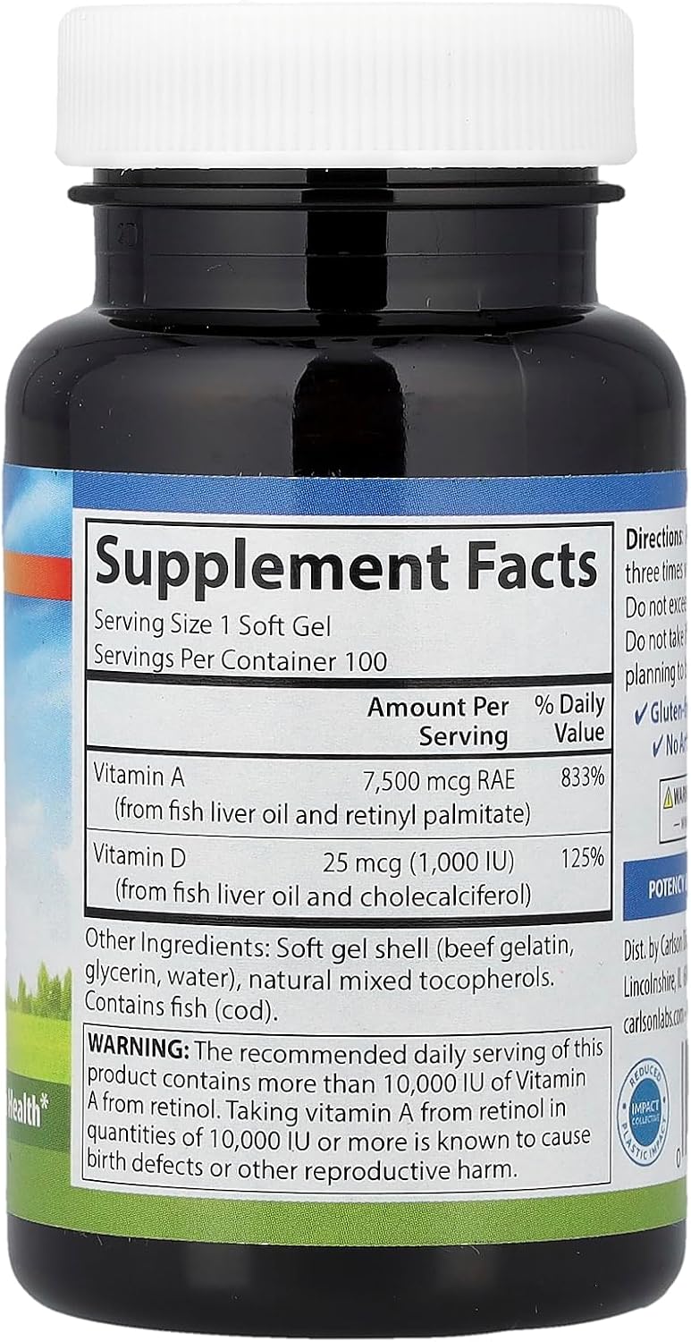 Carlson Labs Vitamin A and D, 25,000/1,000 IU, 100 Softgels - görsel 2