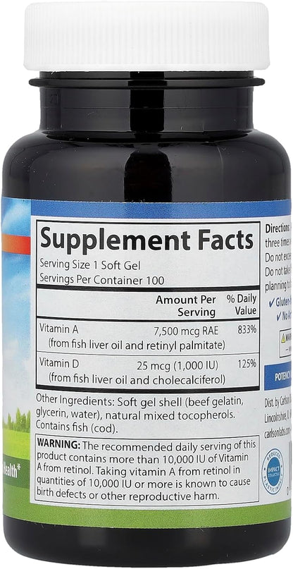 Carlson Labs Vitamin A and D, 25,000/1,000 IU, 100 Softgels