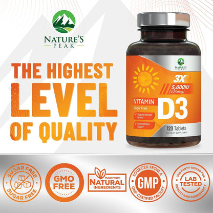 Nature's Peak Vitamin D3 5000 IU (125 mcg) Chewable Tablets – Raspberry Flavour, 120 Tablets