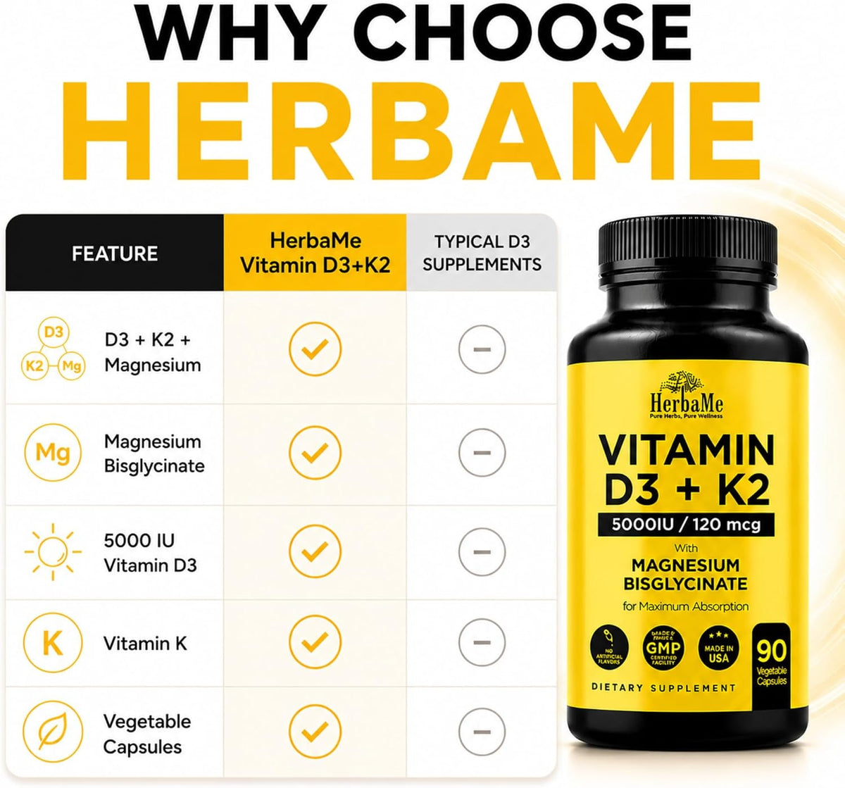 HerbaMe Vitamin D3 5000 IU + K2 with Magnesium Bisglycinate - Bone, Muscle & Immune Support - 90 Capsules - görsel 5