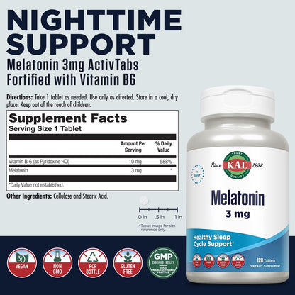 KAL Melatonin 3mg Fast Dissolve Sleep Aid with Vitamin B6