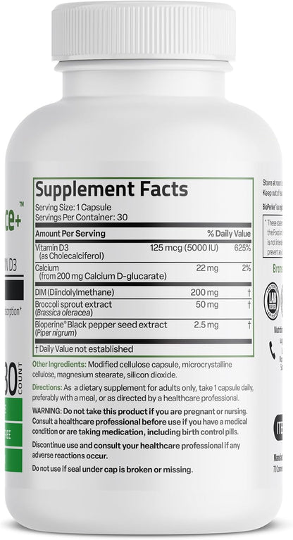 Bronson DIM Balance+ - Oestrogen Metabolism Support with Calcium D-Glucarate, Broccoli Sprout, Vitamin D3, 30 Vegetarian Capsules