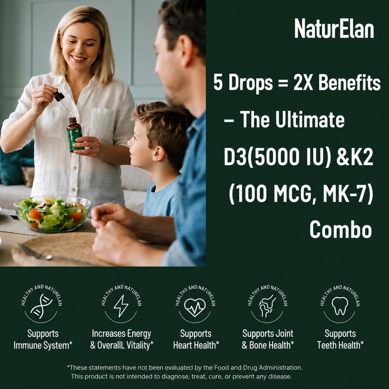 NaturElan Vitamin D3 5000 IU & K2 Drops with MCT Oil - 5000 IU Vitamin D3 + 100 mcg K2 (MK-7), 50 ml, Supports Bone, Immune, Heart & Teeth Health, Third-Party Tested, Vegan, Non-GMO, Gluten-free - görsel 2