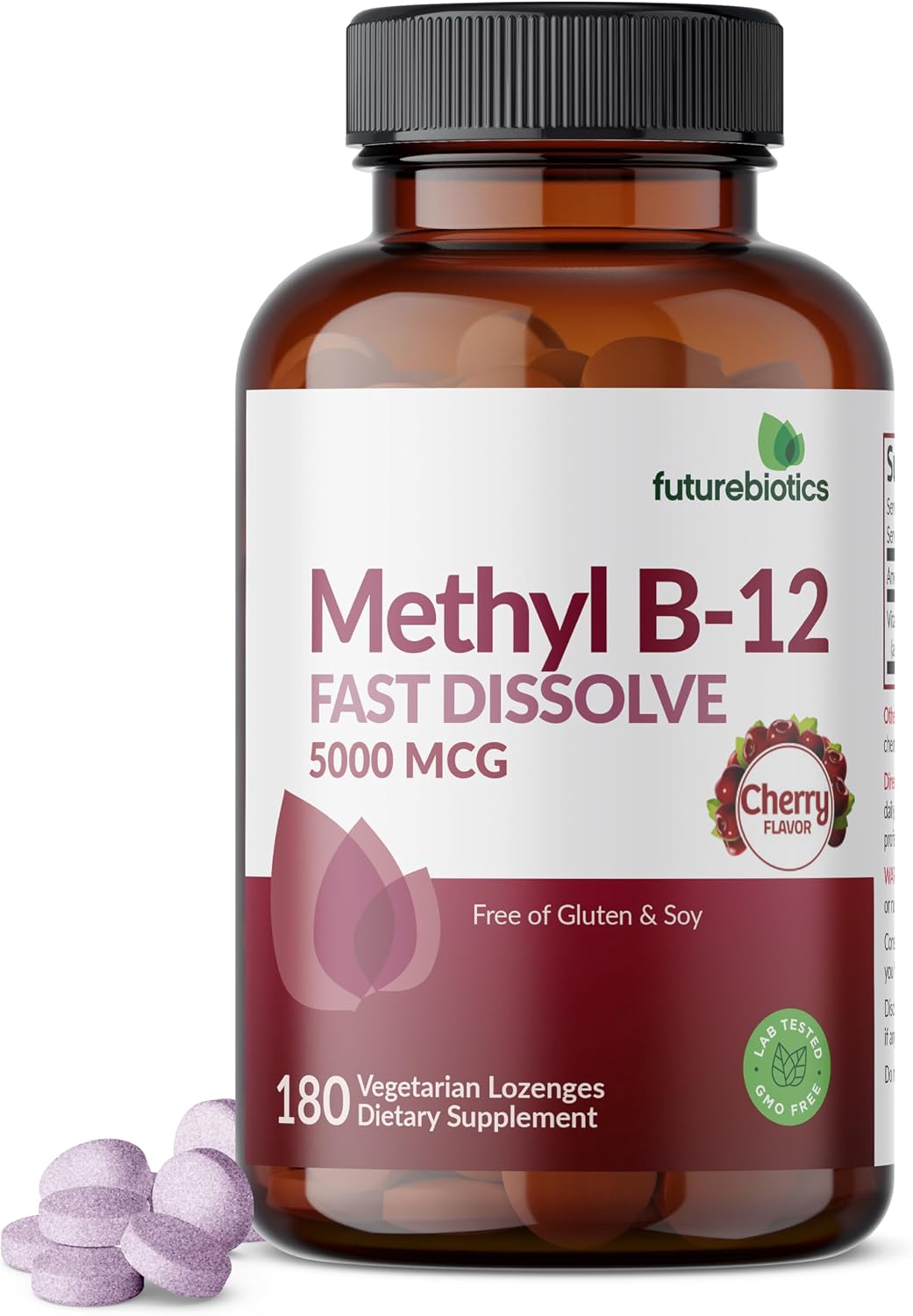 Futurebiotics Methyl B12 5000 mcg Vitamin B12 Methylcobalamin, Cherry Flavour Non-GMO, 180 Vegetarian Lozenges - görsel 1