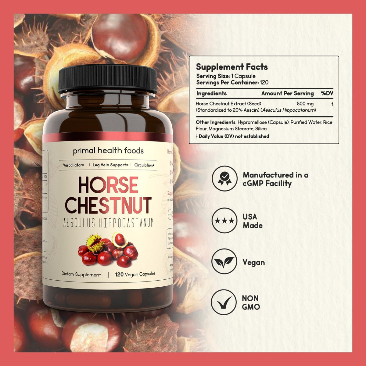 Horse Chestnut Extract 500 mg – 120 Capsules | Supports Vein Health | Vegetarian, Non-GMO & Gluten-free - görsel 2