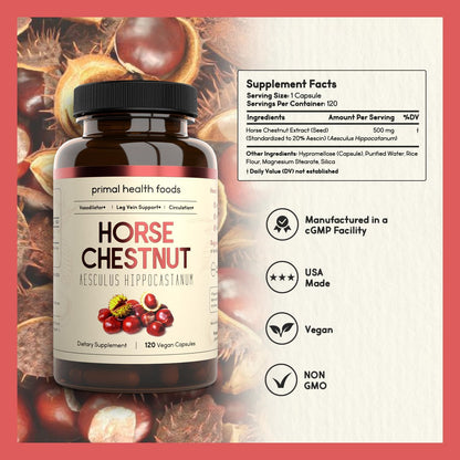 Horse Chestnut Extract 500 mg – 120 Capsules | Supports Vein Health | Vegetarian, Non-GMO & Gluten-free