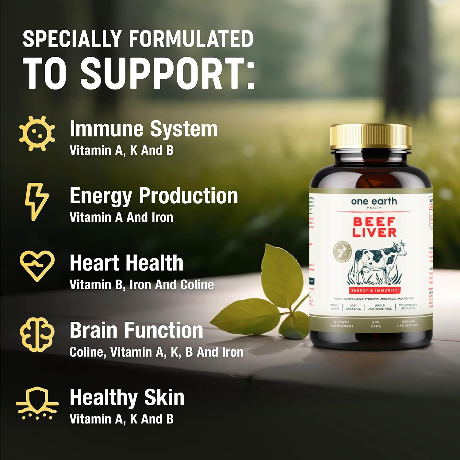One Earth Health Grass Fed Beef Liver Capsules – New Zealand Desiccated, 3,000mg (200 Capsules) - görsel 2