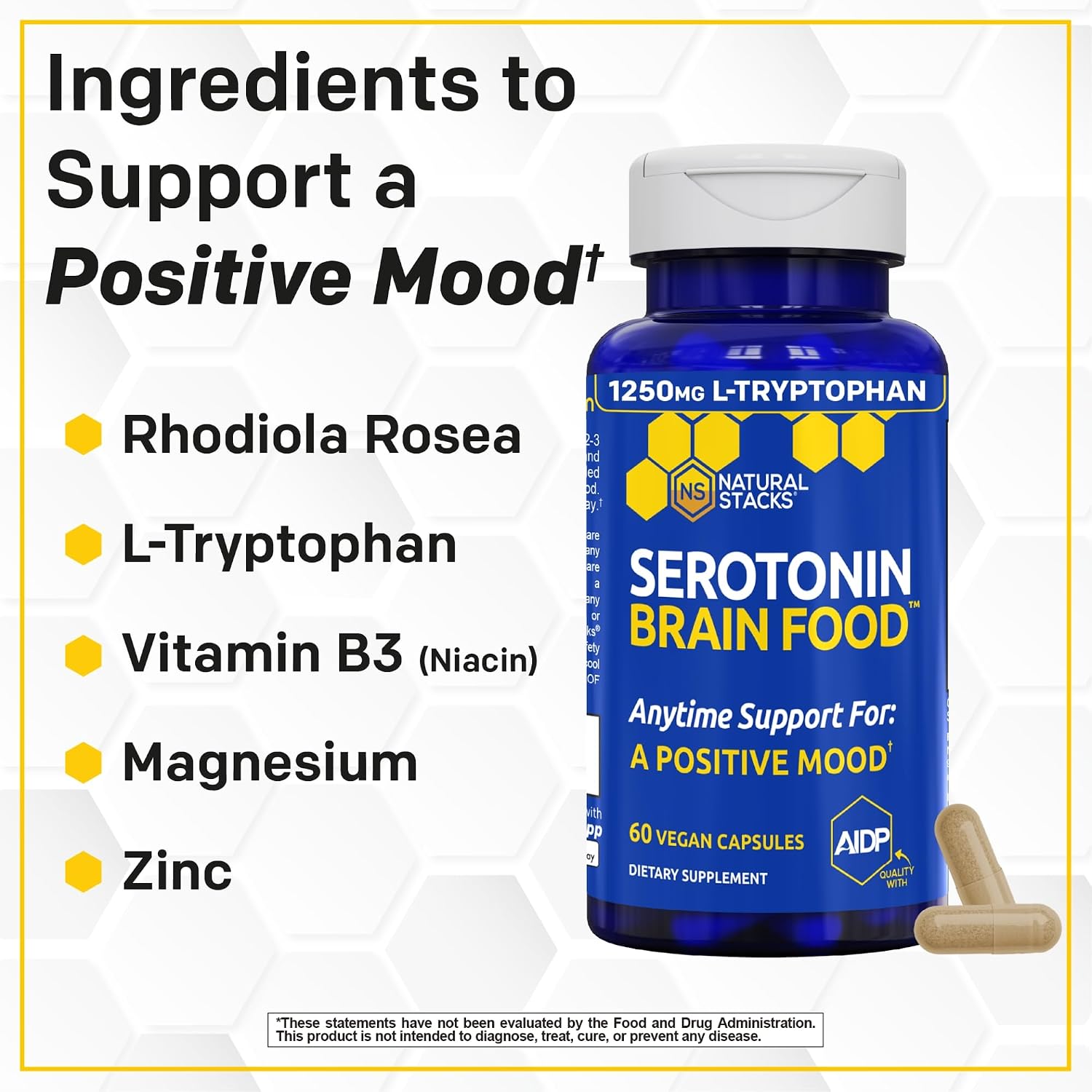 Serotonin Brain Food - 1250mg L-Tryptophan & 400mg Rhodiola Rosea Food Supplement - Mood Support with Magnesium Glycinate & Zinc - 60 Capsules - görsel 4