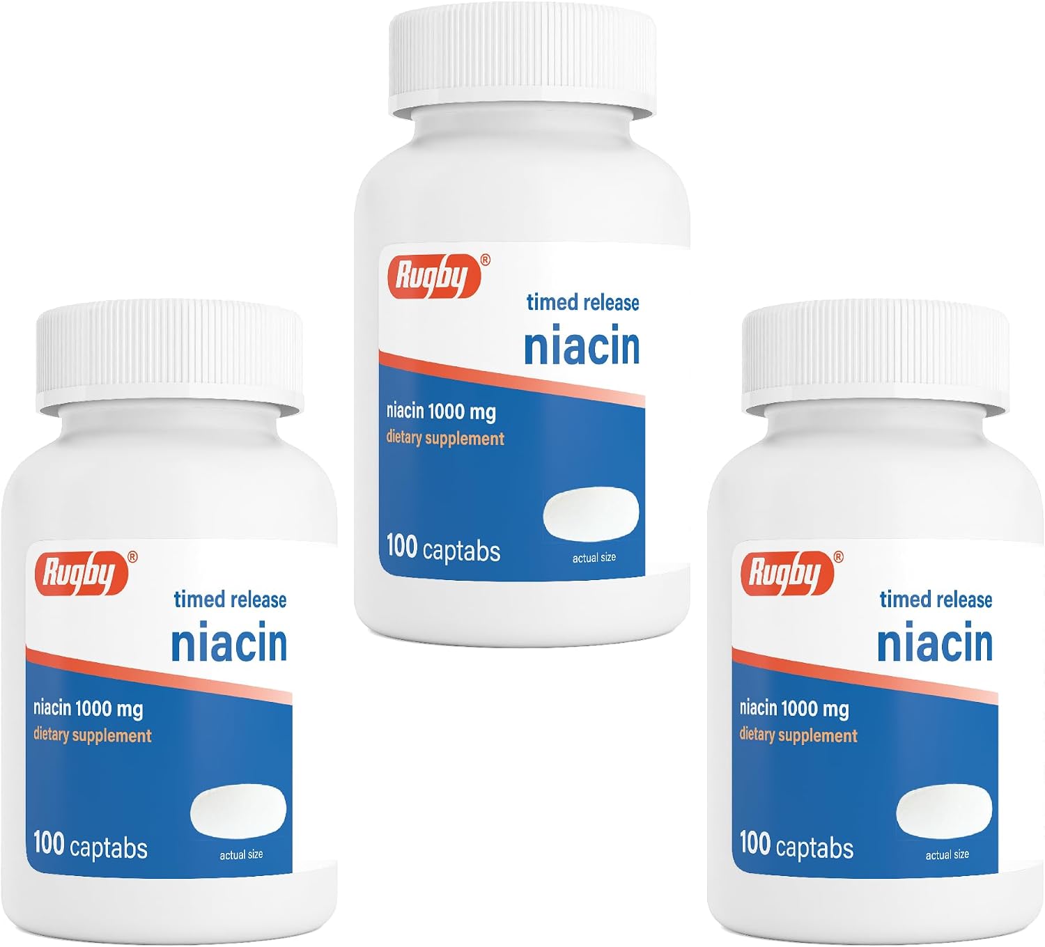 Rugby Timed-Release Niacin 1000mg – 100 Captabs (Pack of 3) - görsel 1