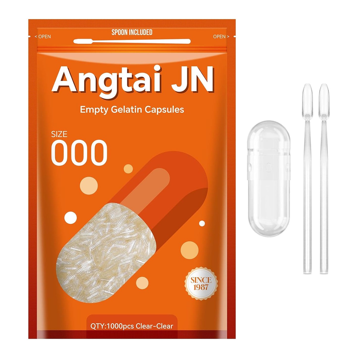 Angtai JN Empty Gelatine Capsules Size 000 (1,000 Count) with Filling Kit - Gluten-free, Non-GMO, Halal Certified - görsel 1