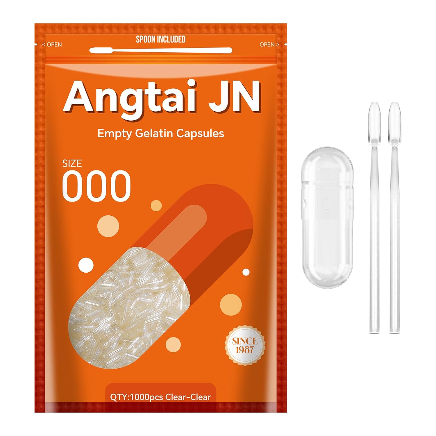 Angtai JN Empty Gelatine Capsules Size 000 (1,000 Count) with Filling Kit - Gluten-free, Non-GMO, Halal Certified - görsel 1