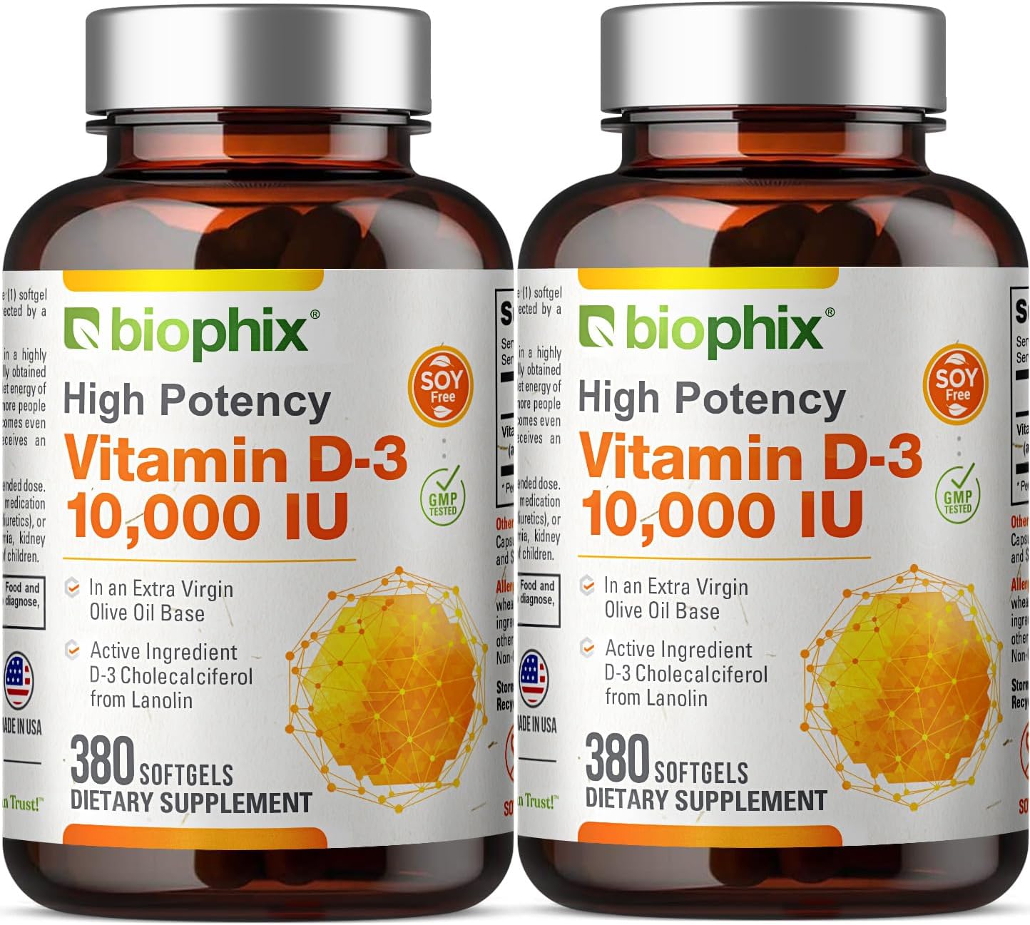 biophix Vitamin D-3 10000 IU - 380 Softgels (2 Pack) - High Potency with Extra Virgin Olive Oil, Non-GMO, Soya-Free - görsel 1