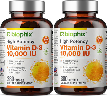 biophix Vitamin D-3 10000 IU - 380 Softgels (2 Pack) - High Potency with Extra Virgin Olive Oil, Non-GMO, Soya-Free