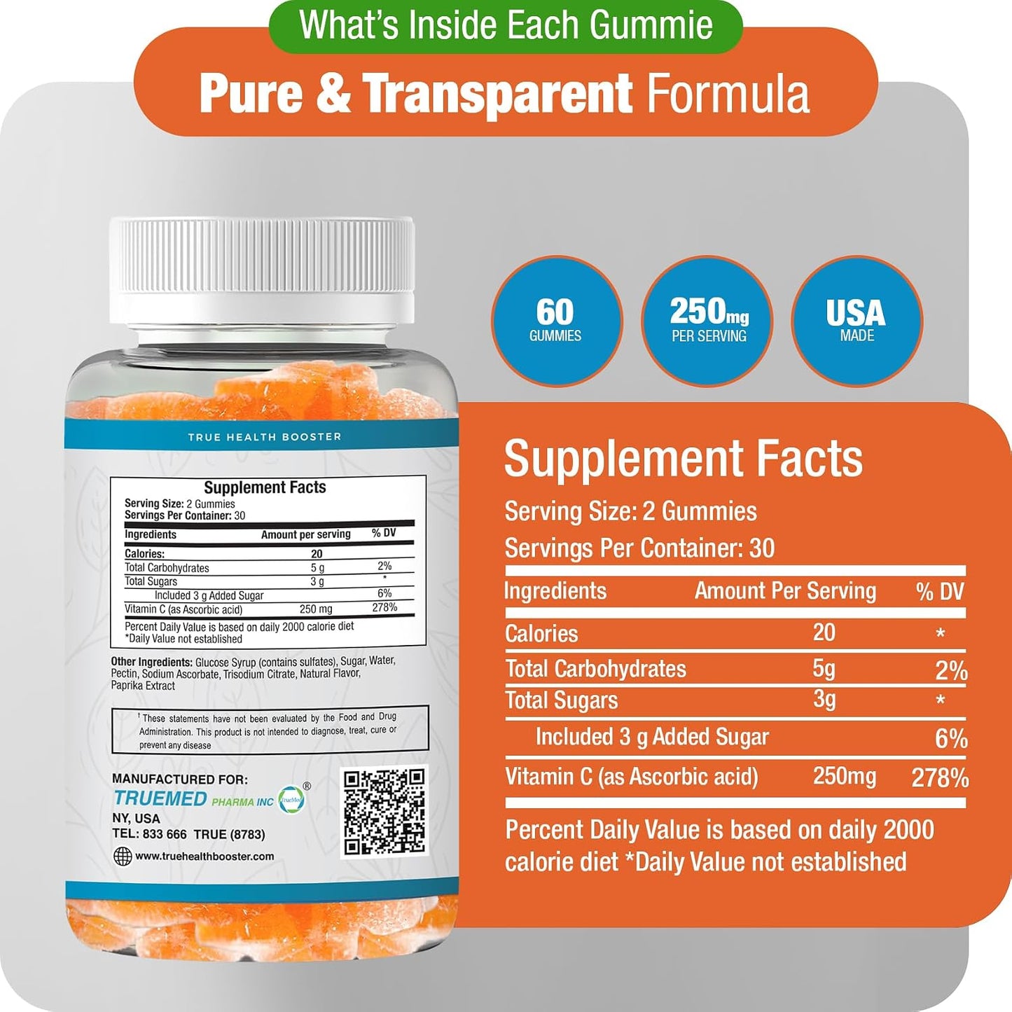 TRUEMED Chewable Vitamin C Gummies for Adults - 250mg with Zinc and Probiotics - Daily Immune Support - Non-GMO, Gluten-free - 60 Count - Made in USA - görsel 4