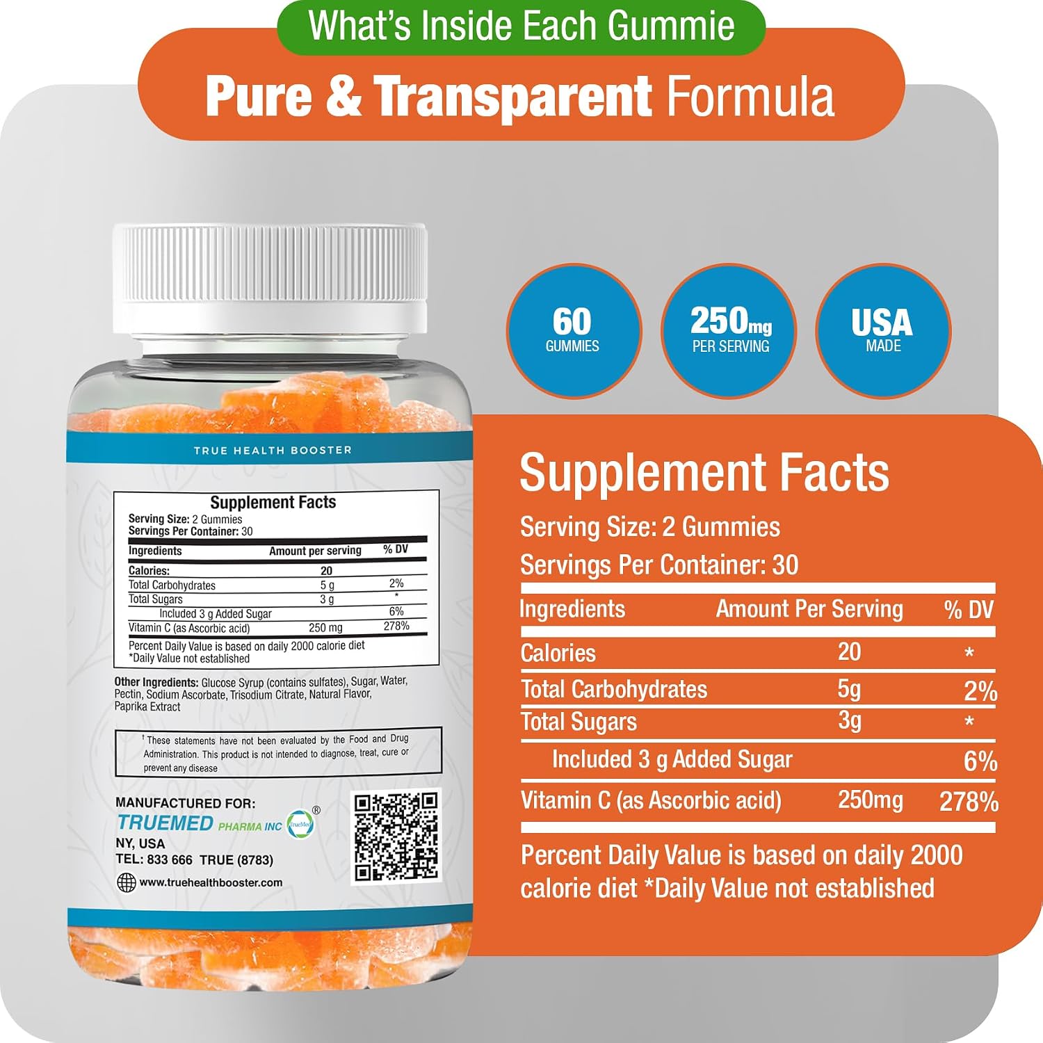 TRUEMED Chewable Vitamin C Gummies for Adults - 250mg with Zinc and Probiotics - Daily Immune Support - Non-GMO, Gluten-free - 60 Count - Made in USA - görsel 4