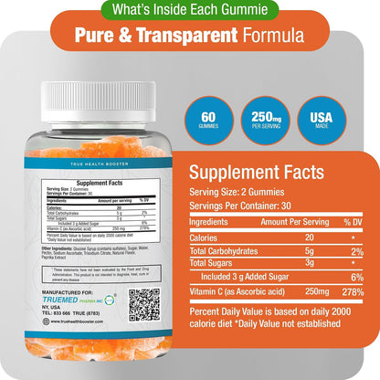 TRUEMED Chewable Vitamin C Gummies for Adults - 250mg with Zinc and Probiotics - Daily Immune Support - Non-GMO, Gluten-free - 60 Count - Made in USA