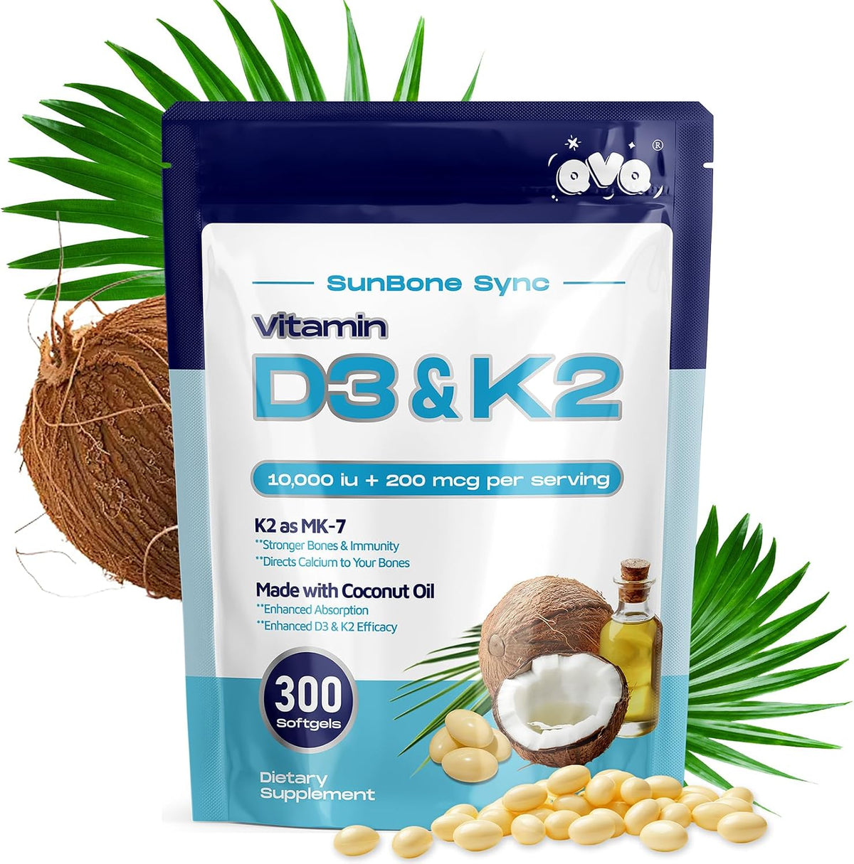 QVQ Vitamin D3 10,000 IU + K2 (MK-7) 200 mcg – Virgin Coconut Oil Soft gel capsules, 300 Count - görsel 1