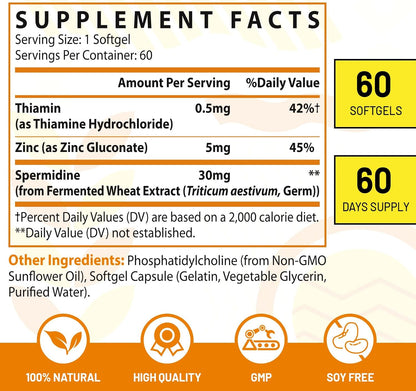 30mg Spermidine Supplement for Cellular Renewal & Longevity - Liposomal, High Absorption, 120 Softgels