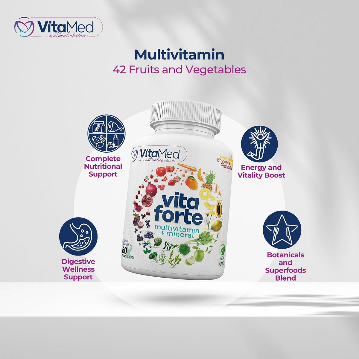 Vita Forte Vegan Multivitamin with Probiotics, Digestive Enzymes & 42 Fruits & Vegetables – Halal Certified, Non-GMO, Gluten-Free, 60 Vegan Tablets - görsel 4