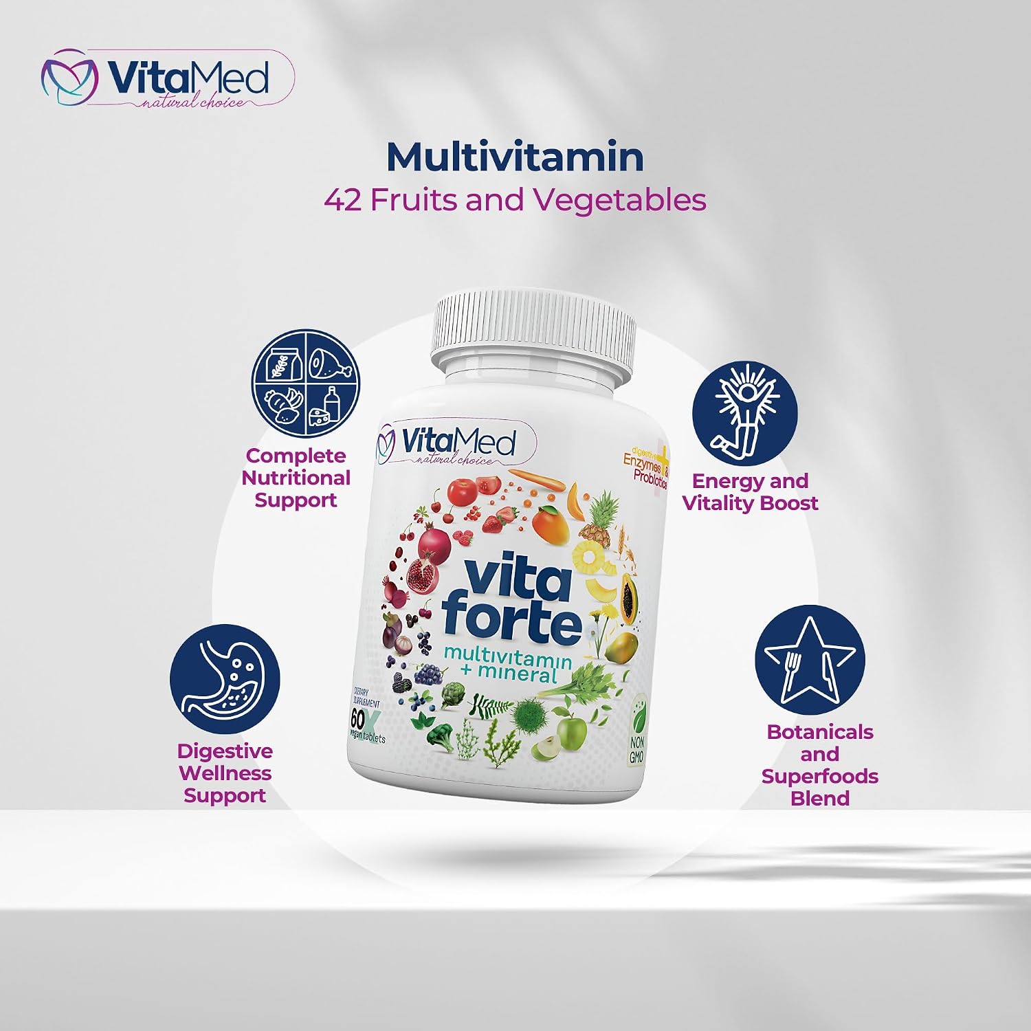 Vita Forte Vegan Multivitamin with Probiotics, Digestive Enzymes & 42 Fruits & Vegetables – Halal Certified, Non-GMO, Gluten-Free, 60 Vegan Tablets - görsel 4