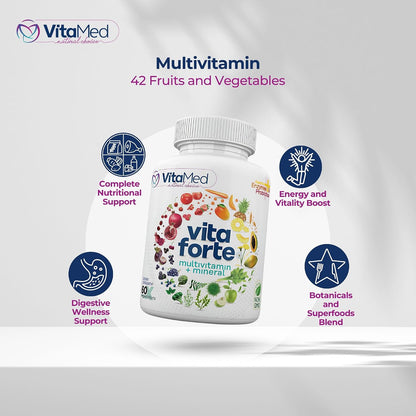Vita Forte Vegan Multivitamin with Probiotics, Digestive Enzymes & 42 Fruits & Vegetables – Halal Certified, Non-GMO, Gluten-Free, 60 Vegan Tablets