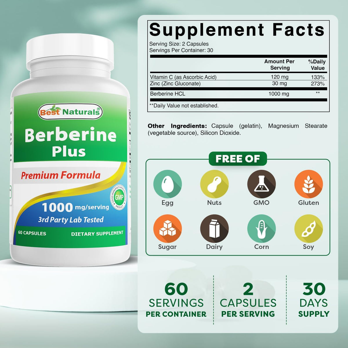 Best Naturals Berberine Plus – 1000mg Berberine HCl, 120mg Vitamin C, 30mg Zinc Gluconate – 60 Capsules - görsel 2