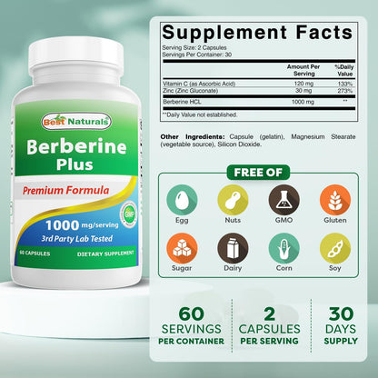 Best Naturals Berberine Plus – 1000mg Berberine HCl, 120mg Vitamin C, 30mg Zinc Gluconate – 60 Capsules