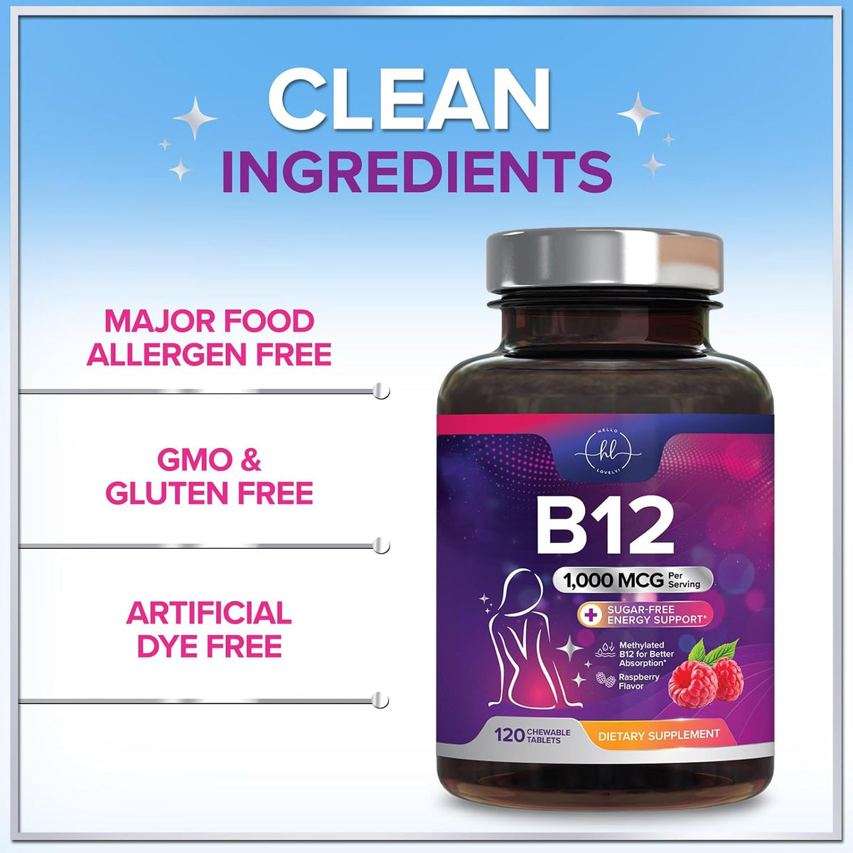 Vitamin B12 1000 mcg Chewable Tablets - Methylcobalamin B12 Complex for Energy, Heart & Nerve Support - Fast Dissolve, 120 Tablets - görsel 4