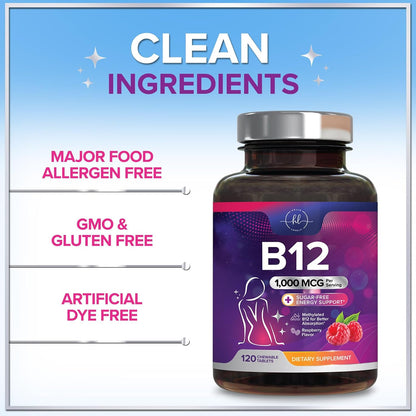 Vitamin B12 1000 mcg Chewable Tablets - Methylcobalamin B12 Complex for Energy, Heart & Nerve Support - Fast Dissolve, 120 Tablets
