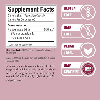 Pomegranate Extract Supplement - Standardised to 40% Ellagic Acid, Non-GMO, Gluten-Free, 90 Capsules